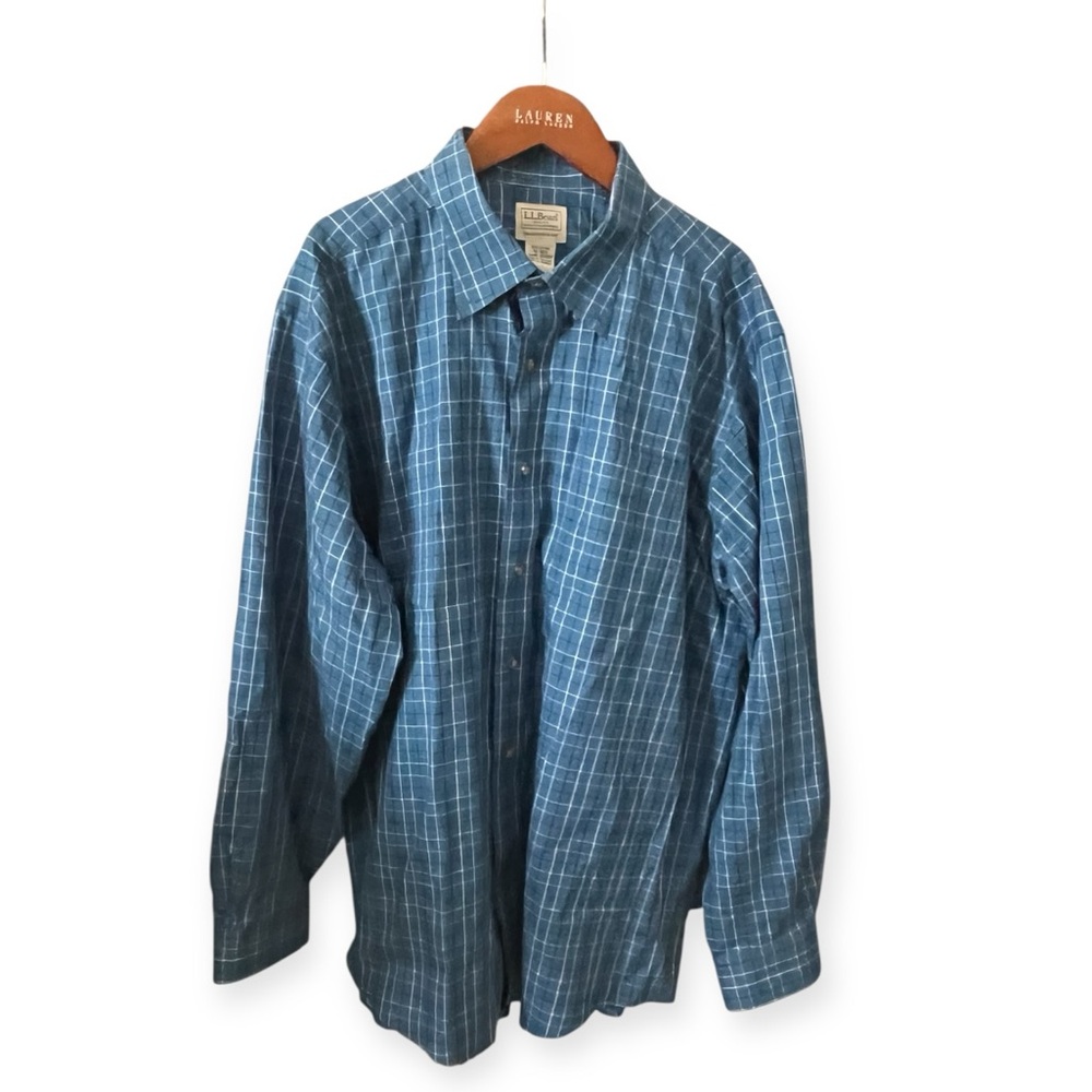 L.L.‎ Bean Traditional Fit Men’s XL Blue Windowpane 100% Cotton Button-Up Shirt